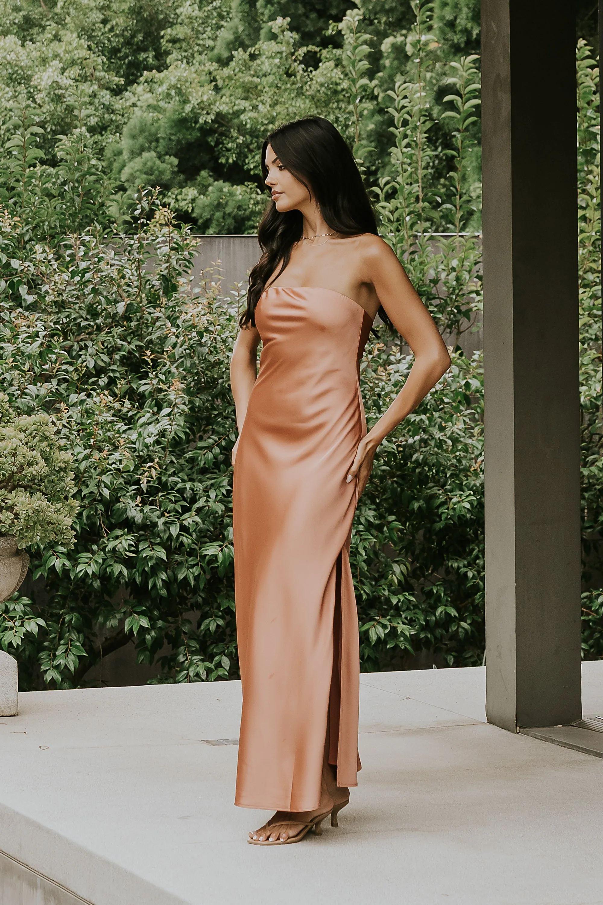 Ayla Satin Maxi Dress in Terracotta sold by bohme
