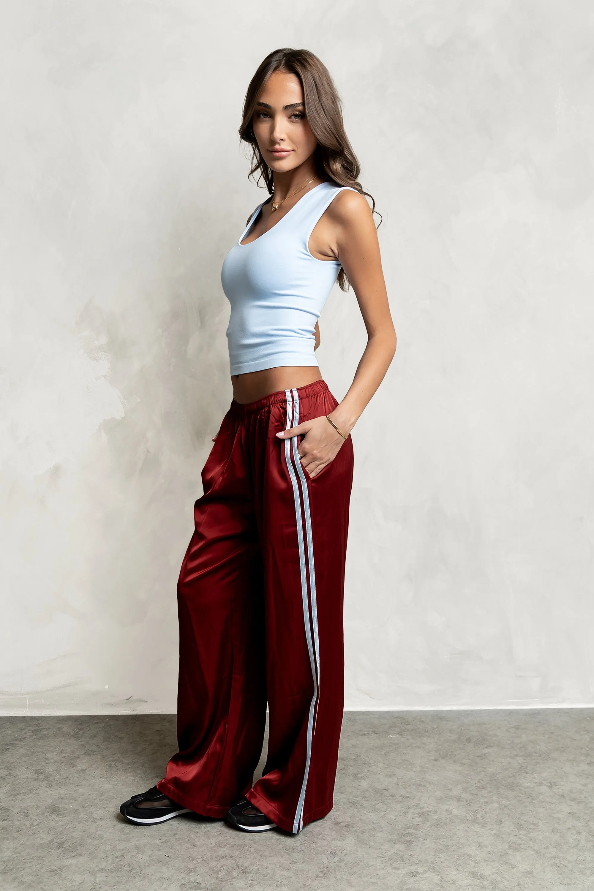 Lola Satin Track Pants in Red sold by bohme