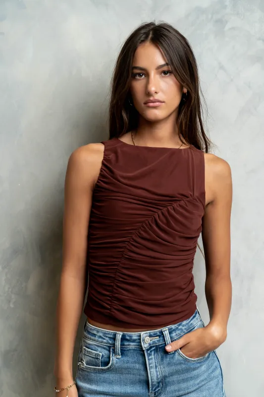 Melly Diagonal Ruched Top in Brown made by bohme