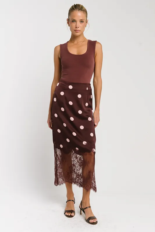 Carlee Polka Dot Midi Skirt in Wine made by bohme