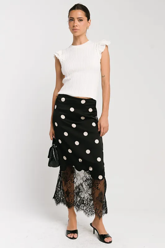 Carlee Polka Dot Midi Skirt in Black made by bohme