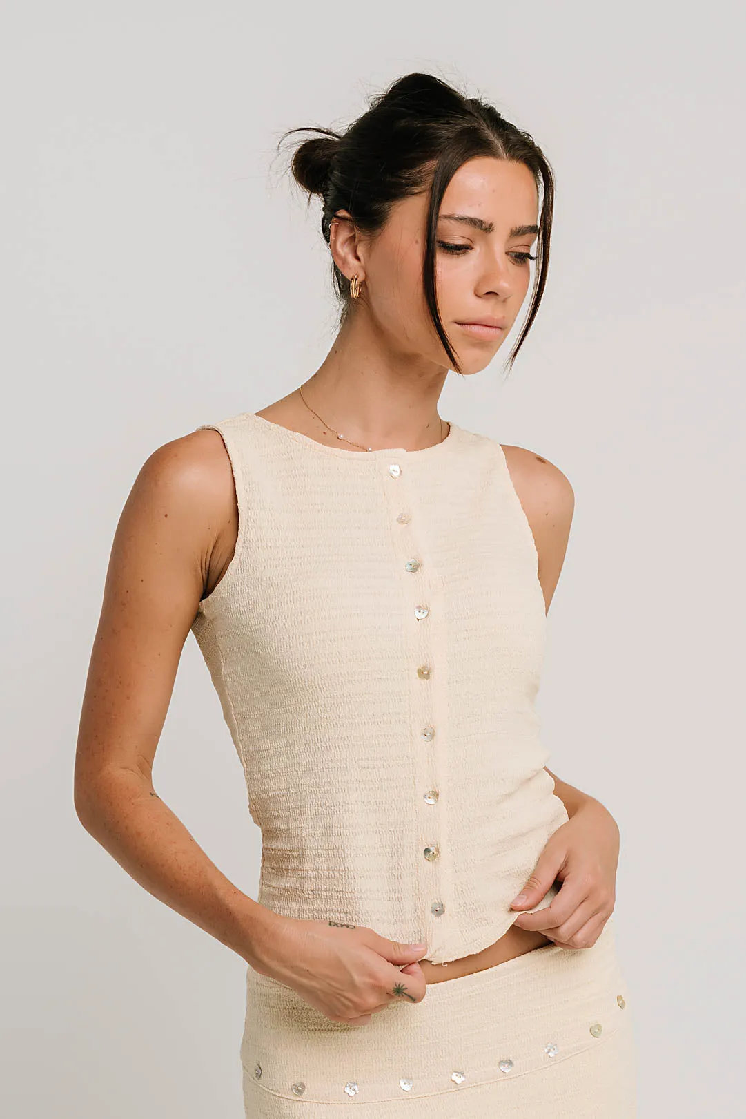 Clara Textured Button Up Tank sold by bohme