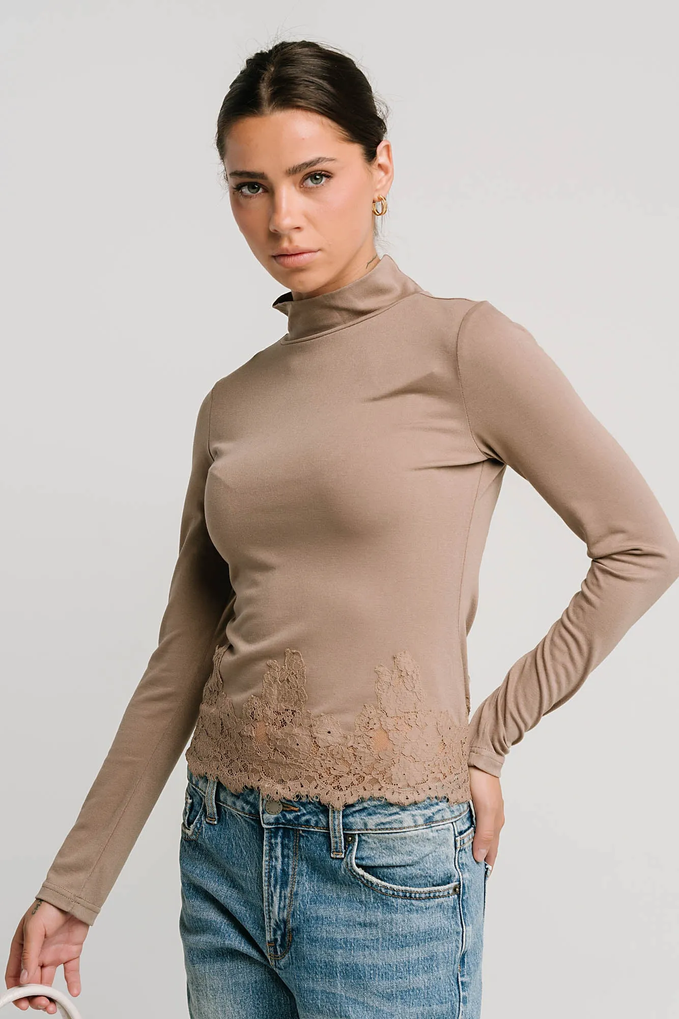 Kesley Lace Mock Neck Top in Taupe sold by bohme product image thumbnail 4
