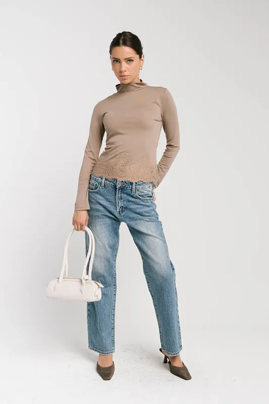 Kesley Lace Mock Neck Top in Taupe made by bohme
