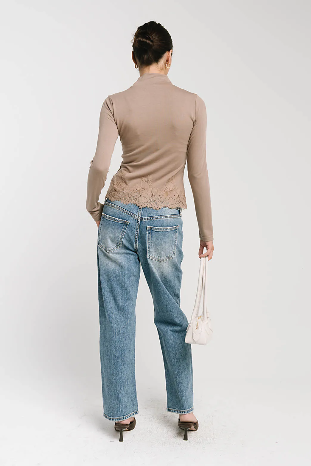 Kesley Lace Mock Neck Top in Taupe sold by bohme product image thumbnail 5