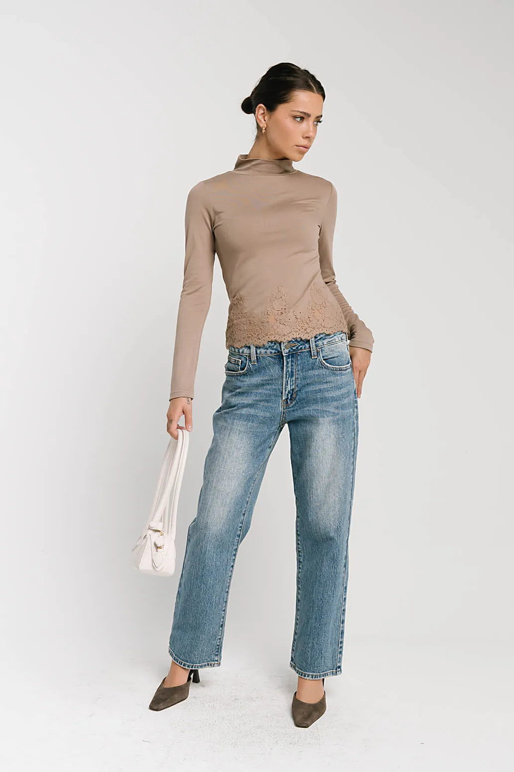 Kesley Lace Mock Neck Top in Taupe sold by bohme product image thumbnail 3