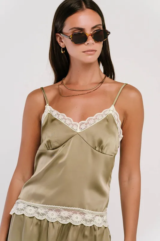 Bricelyn Lace Trim Satin Top in Olive made by bohme