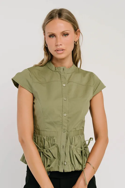 Mila Button Down Top in Olive made by bohme