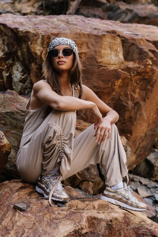Magnolia Ribbed Jumpsuit in Beige made by bohme