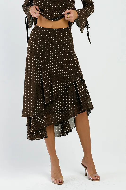 Luna Polka Dot Midi Skirt in Brown made by bohme