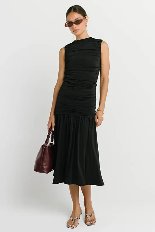Zara Ruched Midi Dress in Black made by bohme