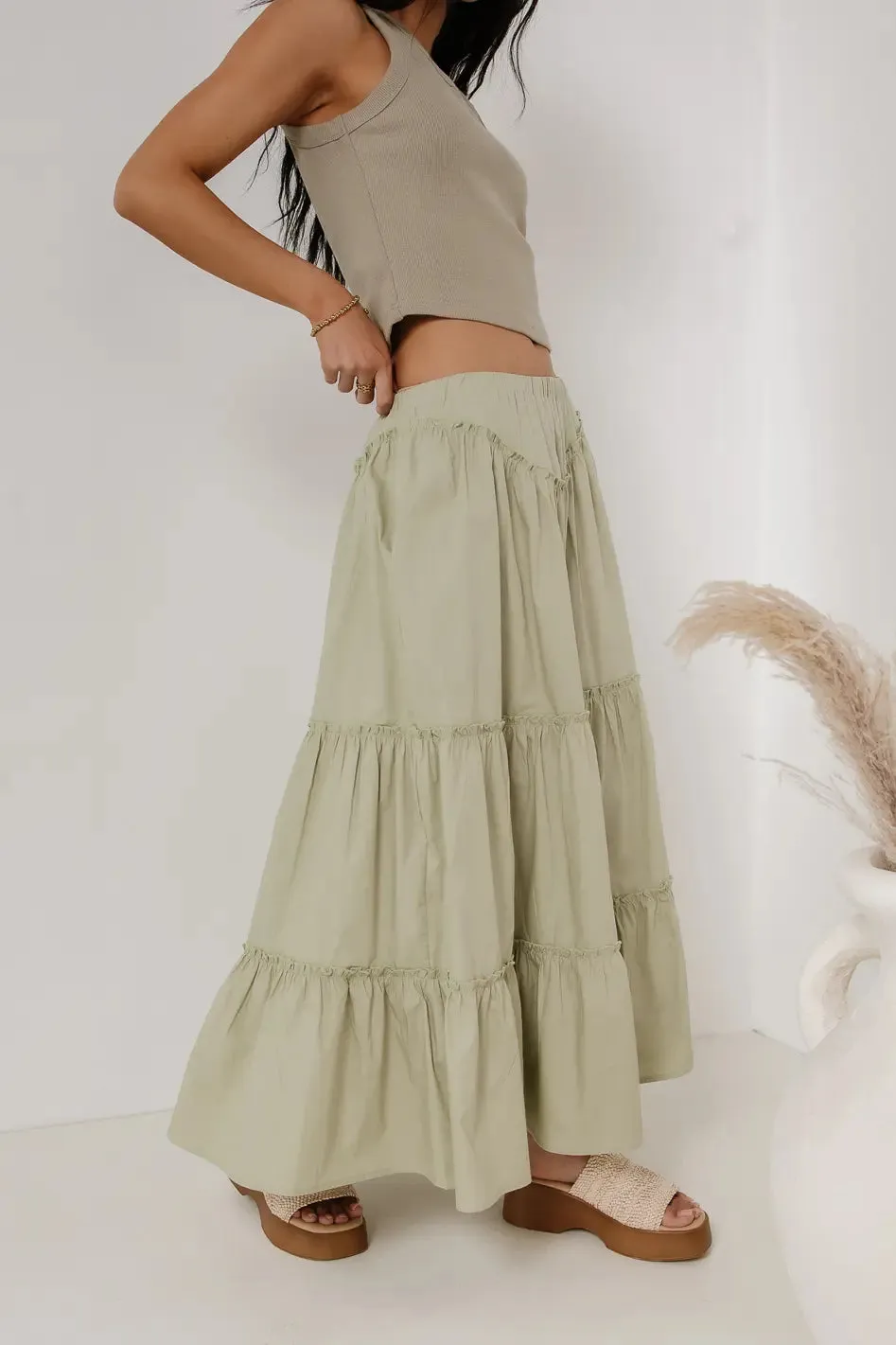 Layana Tiered Skirt in Sage sold by bohme