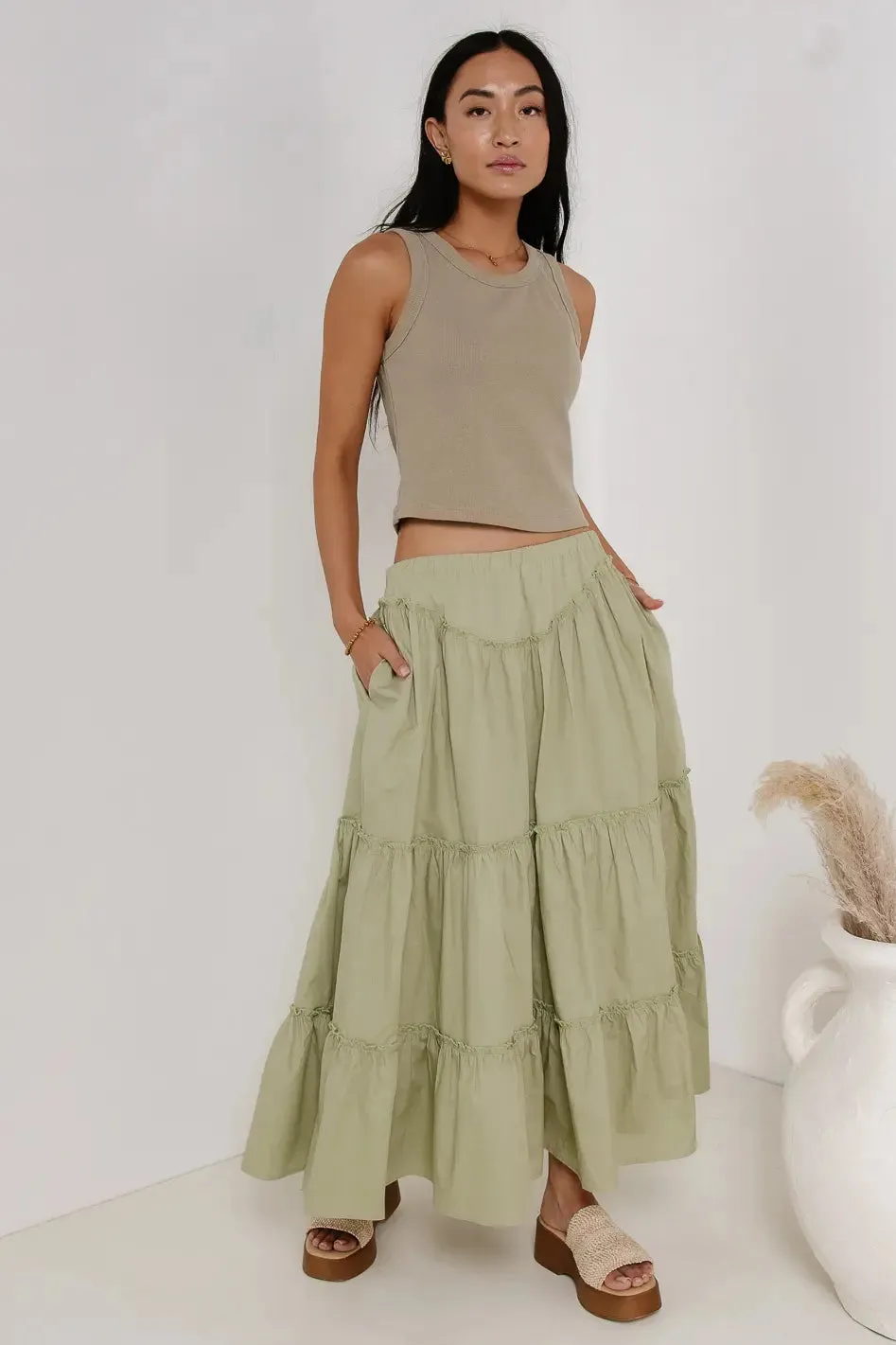 Layana Tiered Skirt in Sage sold by bohme product image thumbnail 2