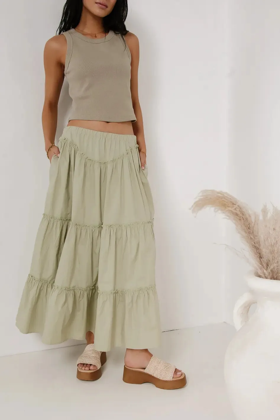Layana Tiered Skirt in Sage sold by bohme product image thumbnail 4