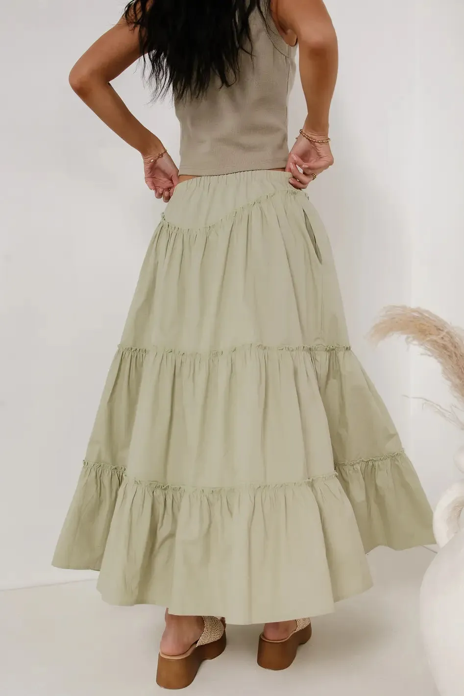 Layana Tiered Skirt in Sage sold by bohme product image thumbnail 3