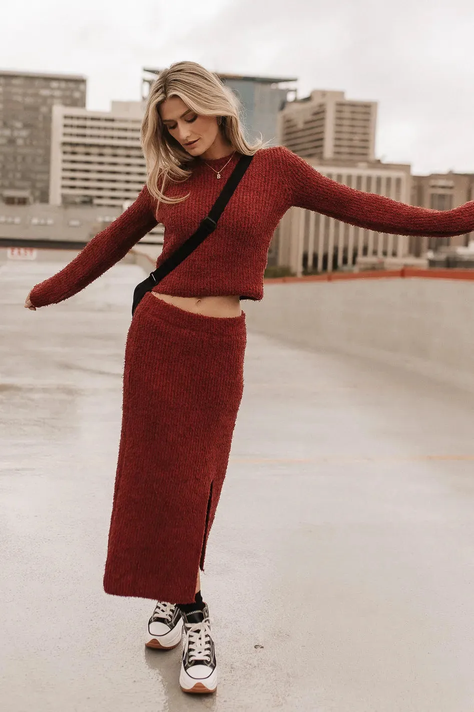 Briley Fuzzy Sweater in Rust sold by bohme