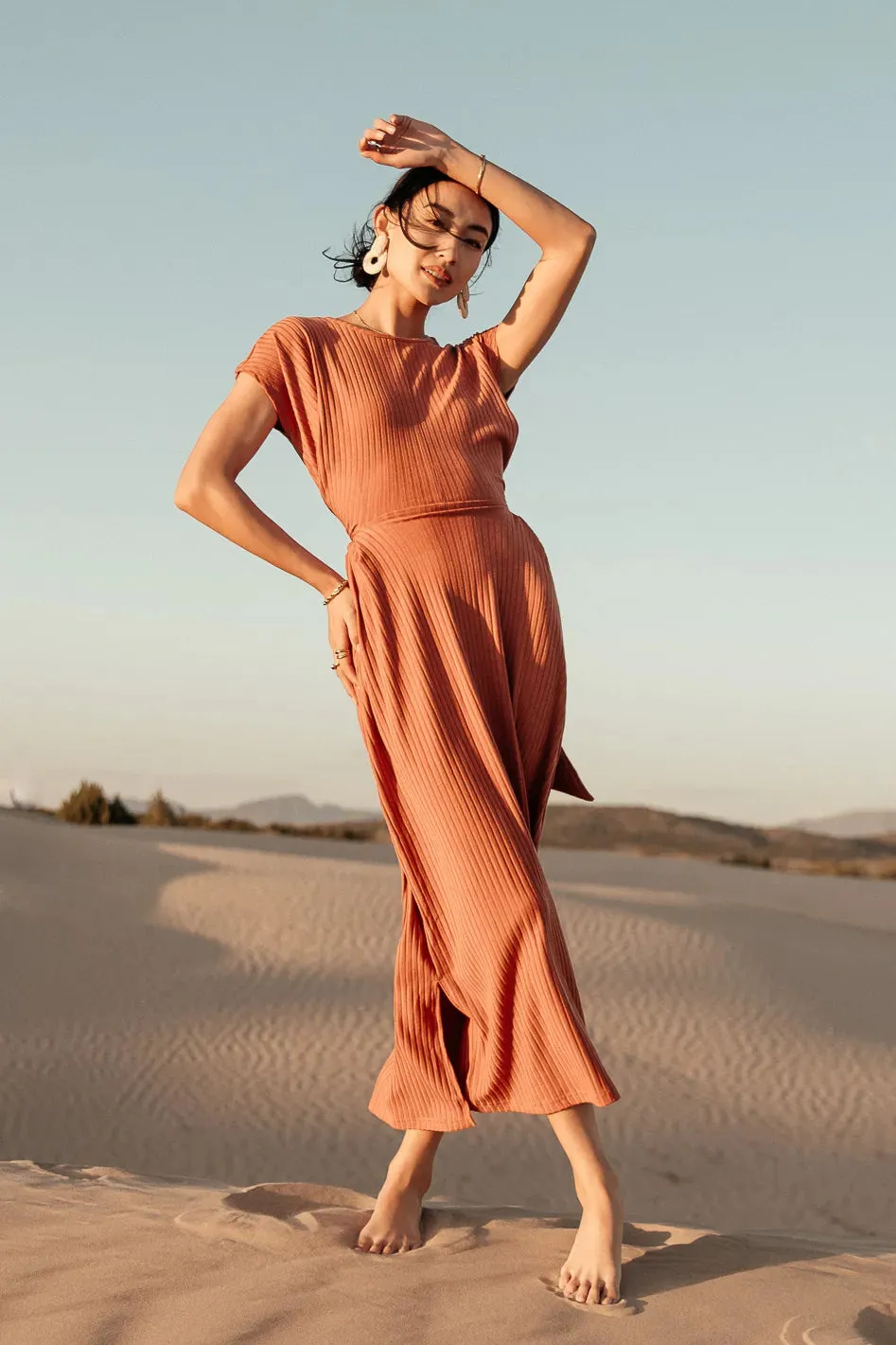 Vaeda Ribbed Tie Dress in Rust - FINAL SALE sold by bohme