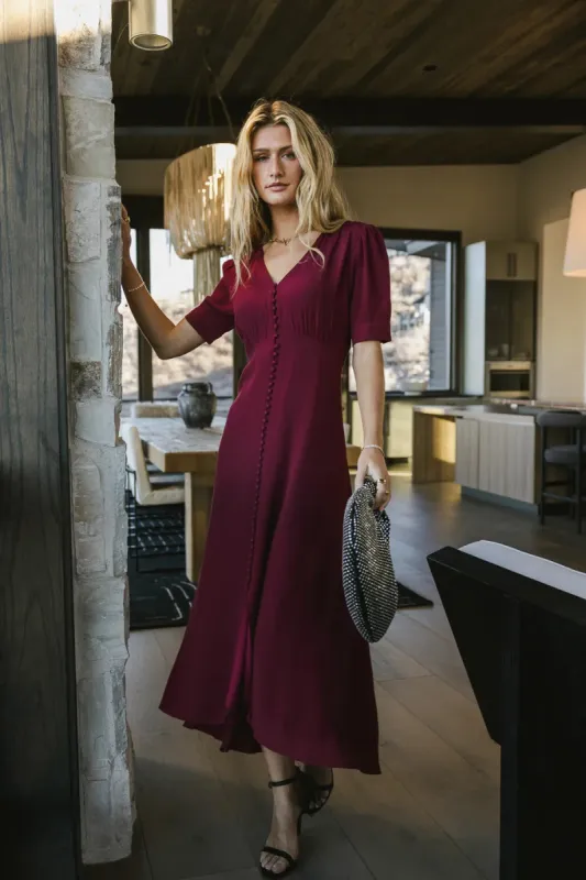 Lia Button Detail Dress in Burgundy - FINAL SALE sold by bohme