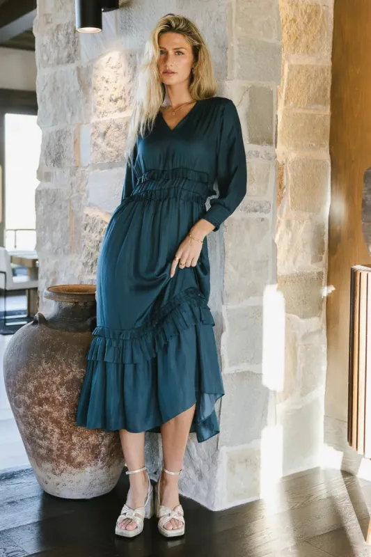 Willa Sleeved Ruffle Dress in Teal sold by bohme