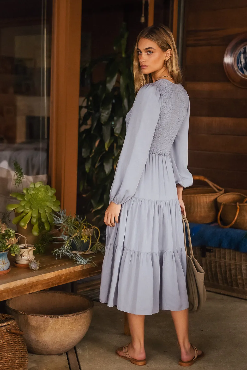 Smocked Tiered Midi Dress in Blue - FINAL SALE sold by bohme product image thumbnail 5