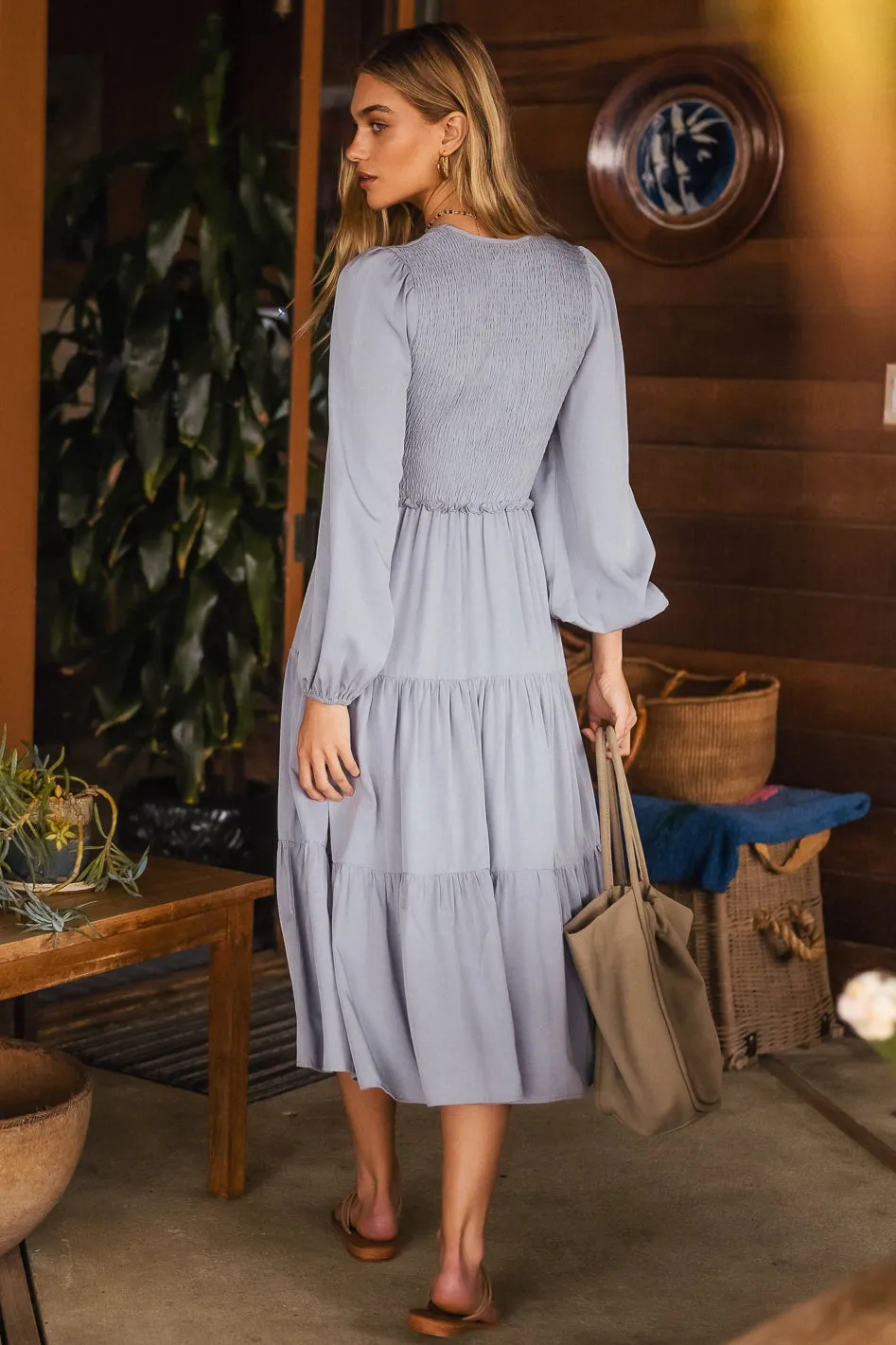 Smocked Tiered Midi Dress in Blue - FINAL SALE sold by bohme product image thumbnail 2