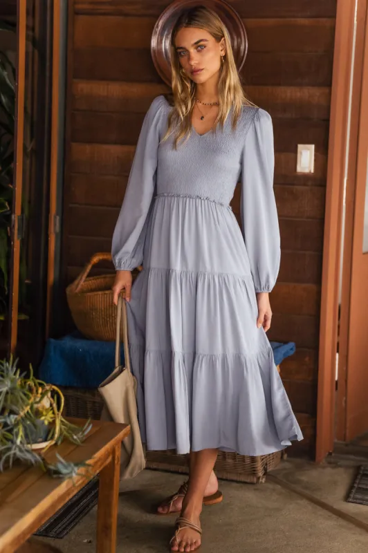 Smocked Tiered Midi Dress in Blue - FINAL SALE sold by bohme