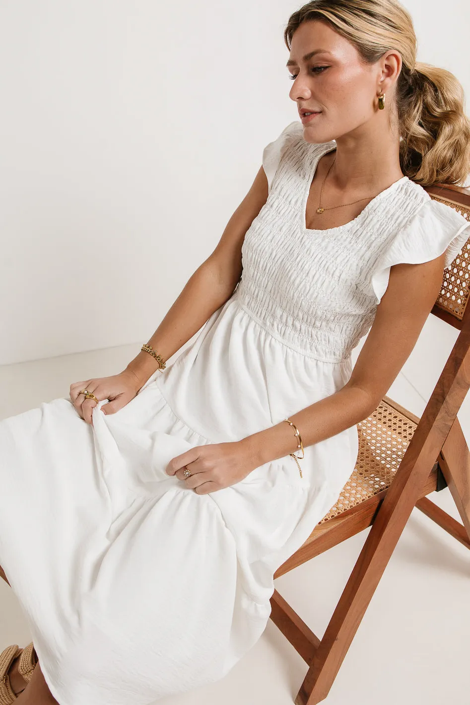 Rain Smocked Midi Dress in White sold by bohme product image thumbnail 2