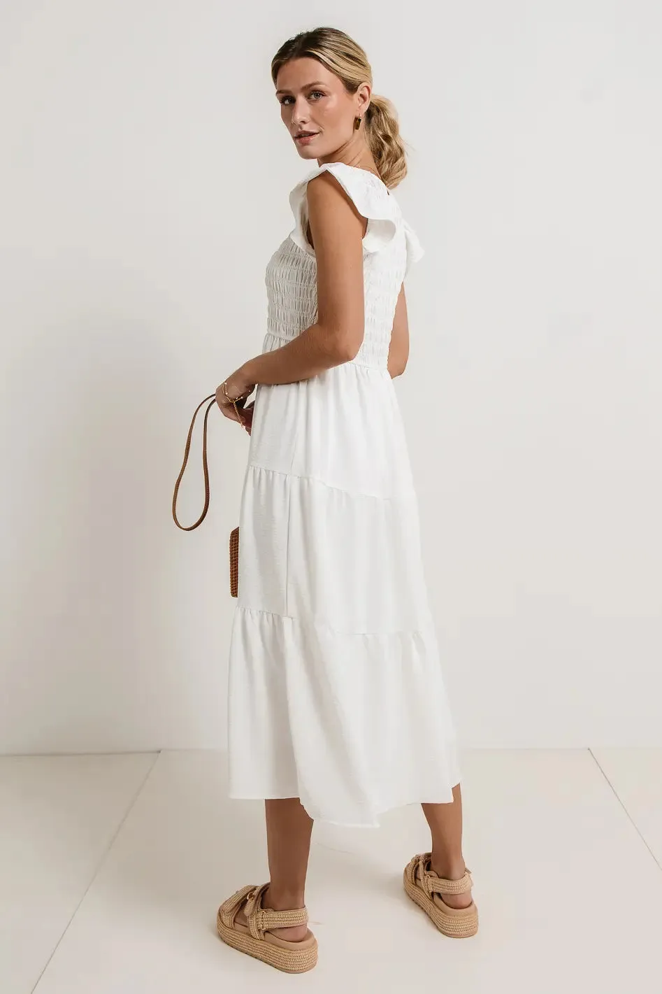 Rain Smocked Midi Dress in White sold by bohme product image thumbnail 3