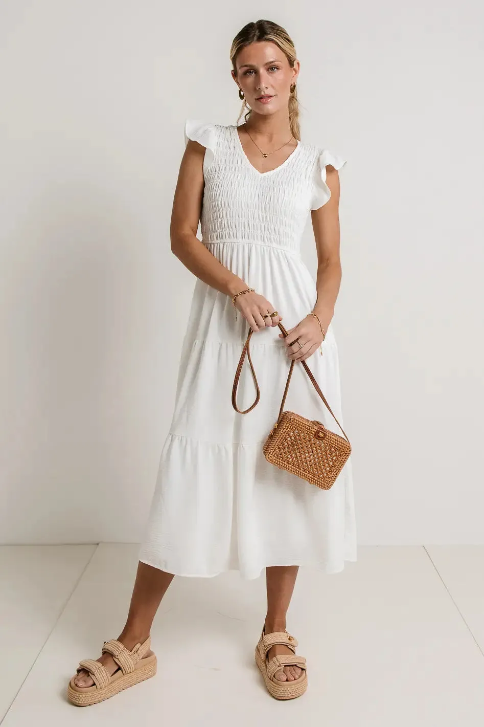 Rain Smocked Midi Dress in White sold by bohme product image thumbnail 5