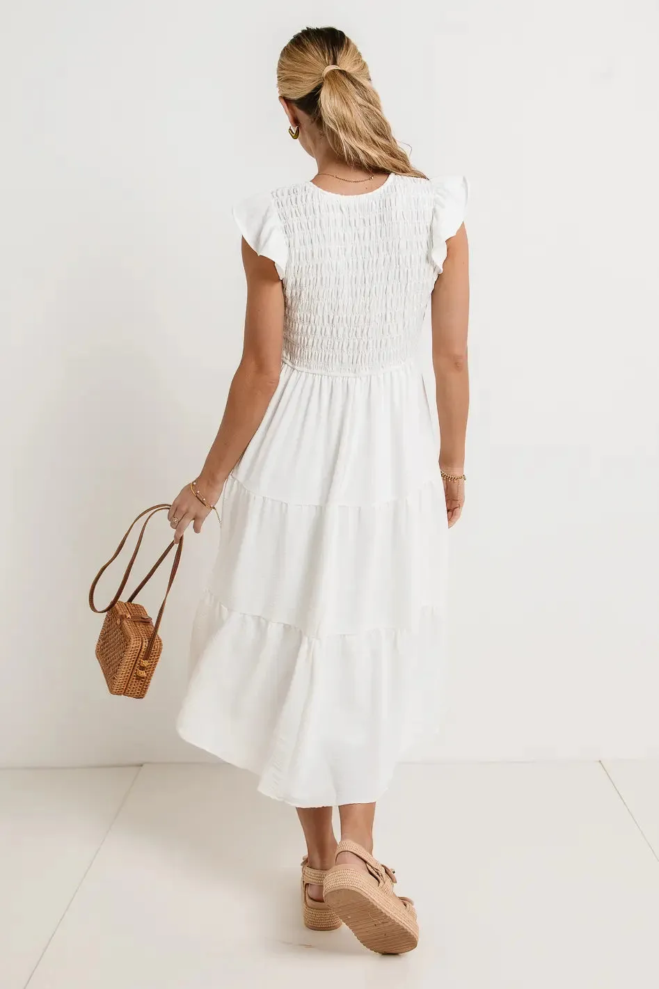 Rain Smocked Midi Dress in White sold by bohme product image thumbnail 4