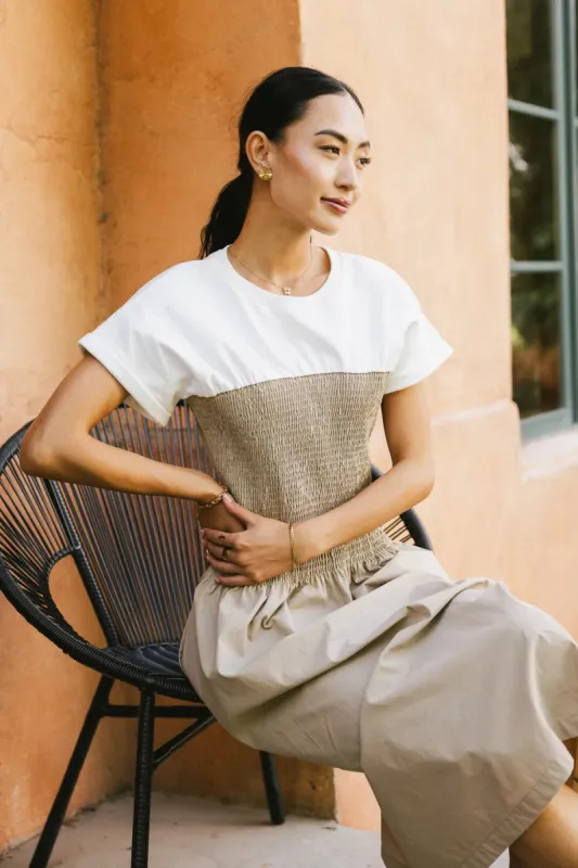 Florence Smocked Midi Dress in Taupe - FINAL SALE sold by bohme