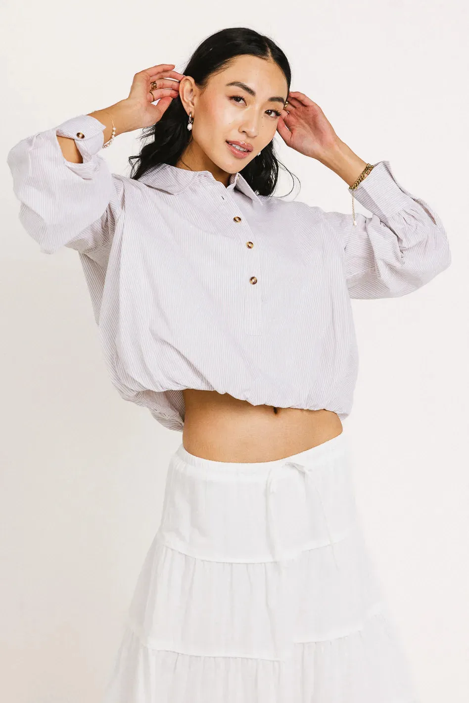 Rayna Striped Collared Top in Taupe - FINAL SALE sold by bohme