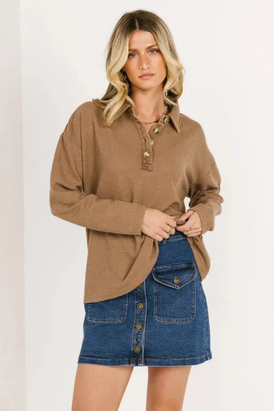 Isabelle Waffle Knit Henley Top in Mocha - FINAL SALE sold by bohme