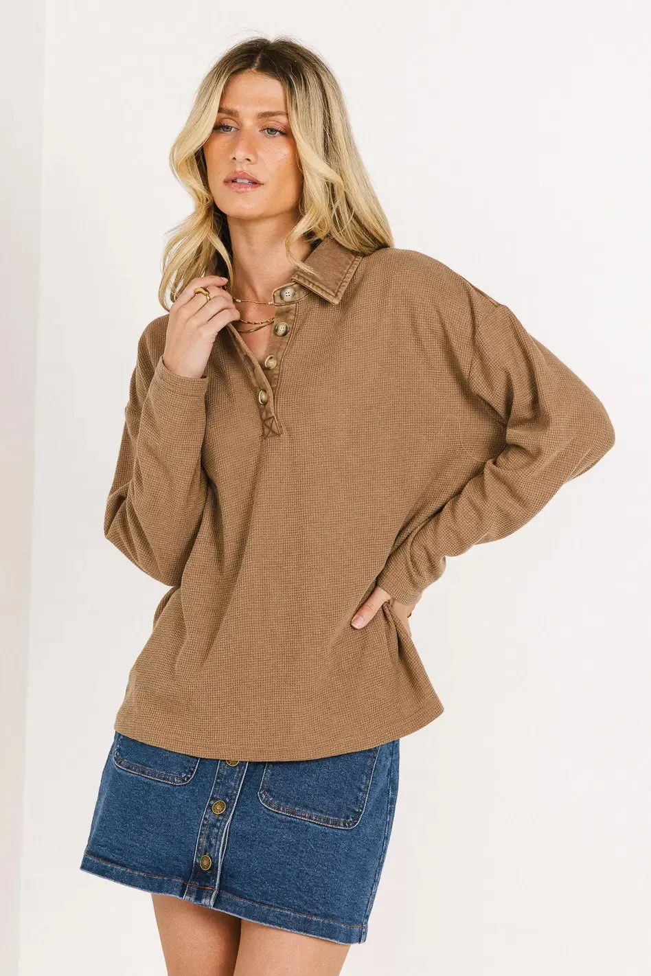 Isabelle Waffle Knit Henley Top in Mocha - FINAL SALE sold by bohme product image thumbnail 5