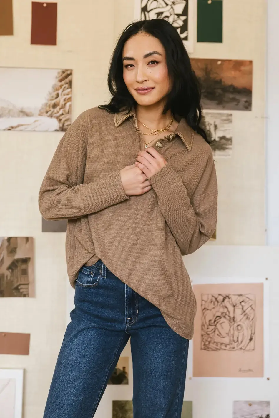 Isabelle Waffle Knit Henley Top in Mocha - FINAL SALE sold by bohme product image thumbnail 3
