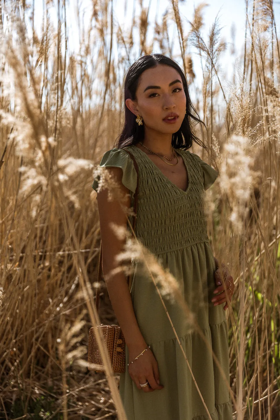 Rain Smocked Midi Dress in Green - FINAL SALE sold by bohme