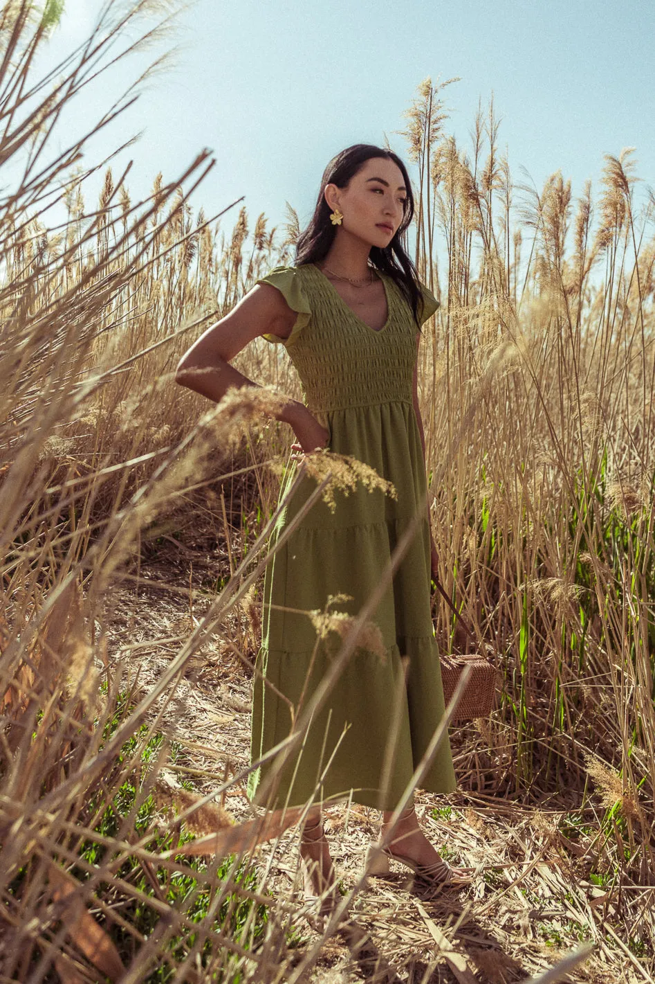 Rain Smocked Midi Dress in Green - FINAL SALE sold by bohme product image thumbnail 3