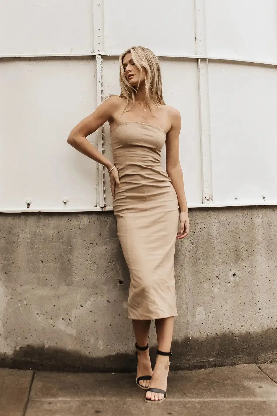 Micah Strapless Midi Dress in Khaki - FINAL SALE sold by bohme
