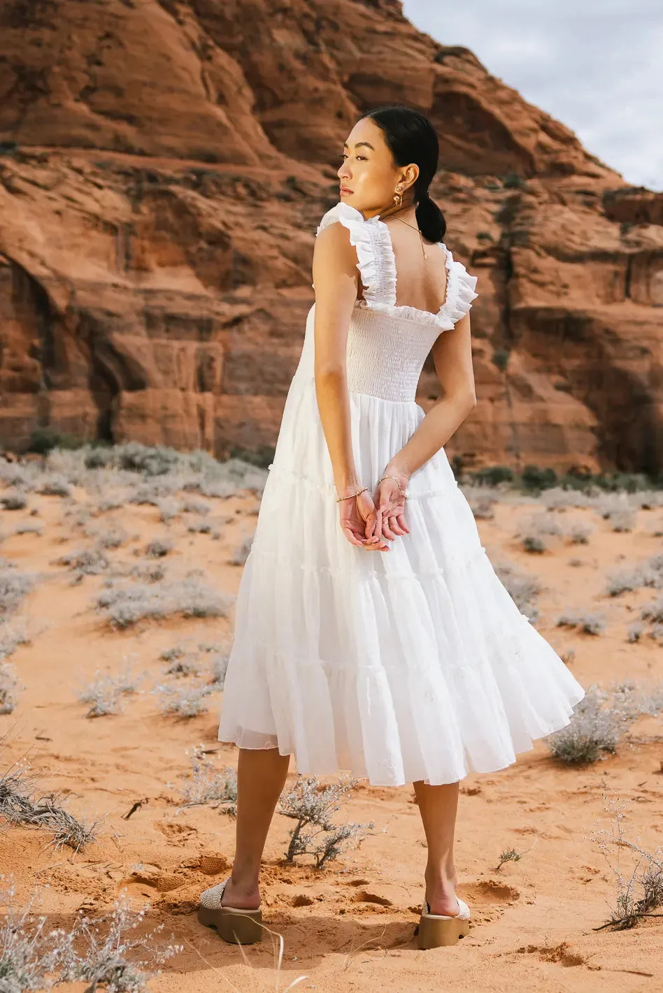 Floral Embroidered Smocked Dress in Cream sold by bohme product image thumbnail 5