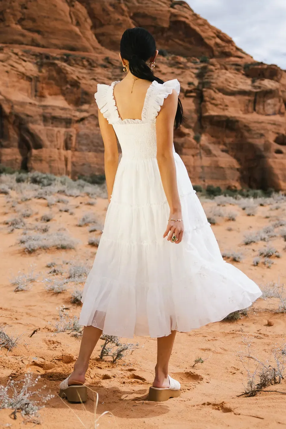 Floral Embroidered Smocked Dress in Cream sold by bohme product image thumbnail 4