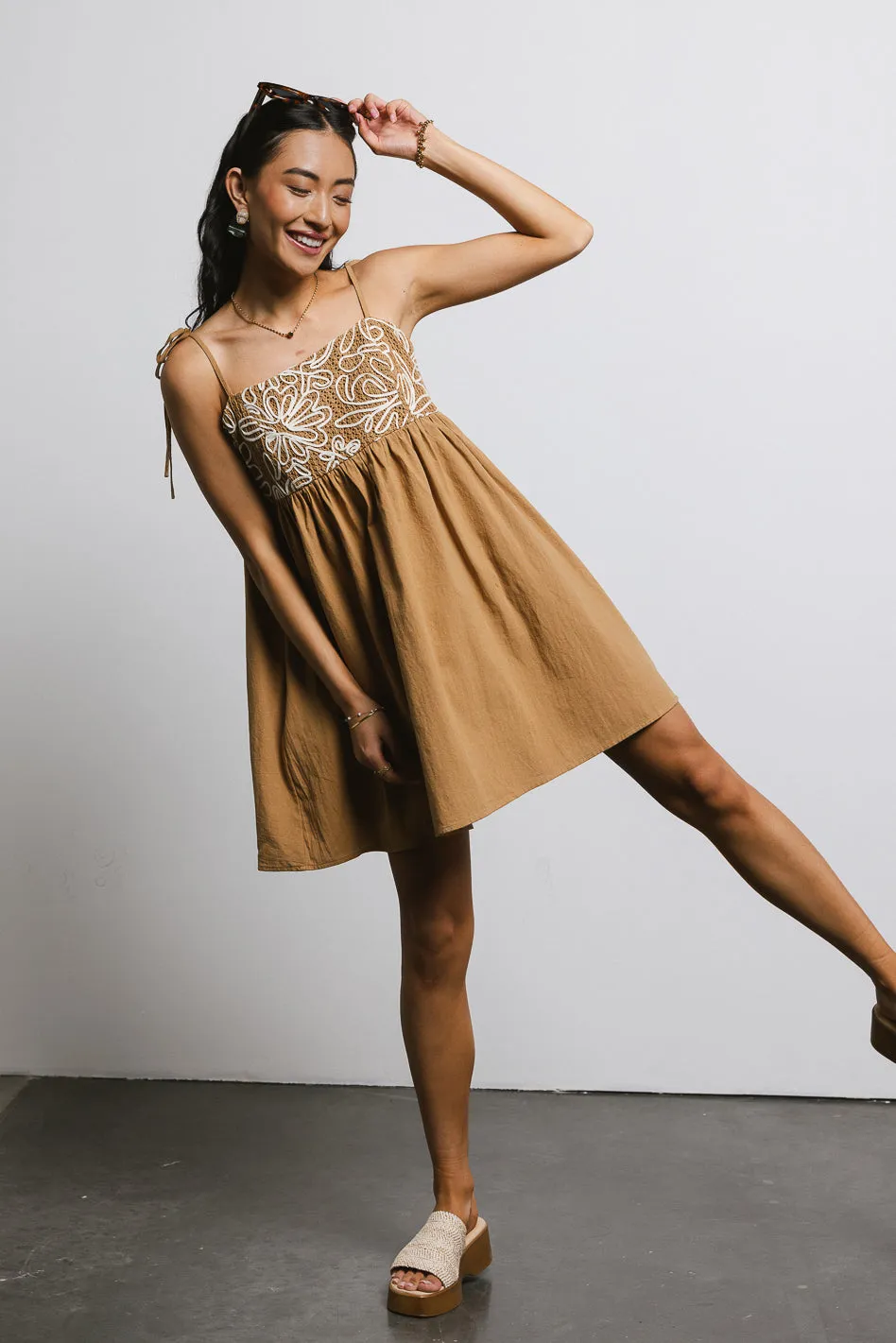 Abstract Embroidered Mini Dress in Camel sold by bohme