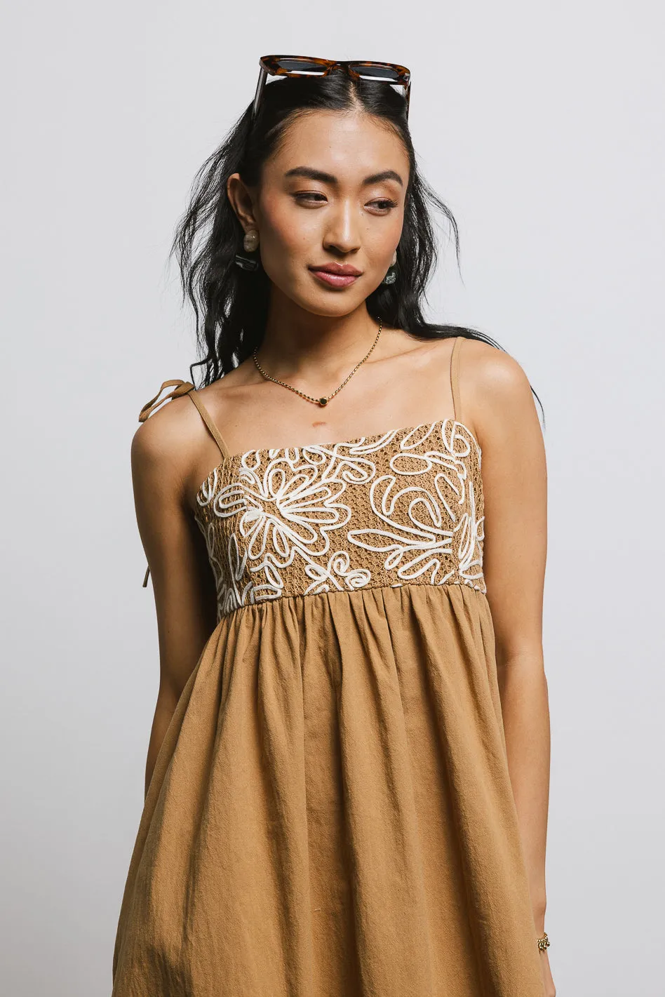 Abstract Embroidered Mini Dress in Camel sold by bohme product image thumbnail 3