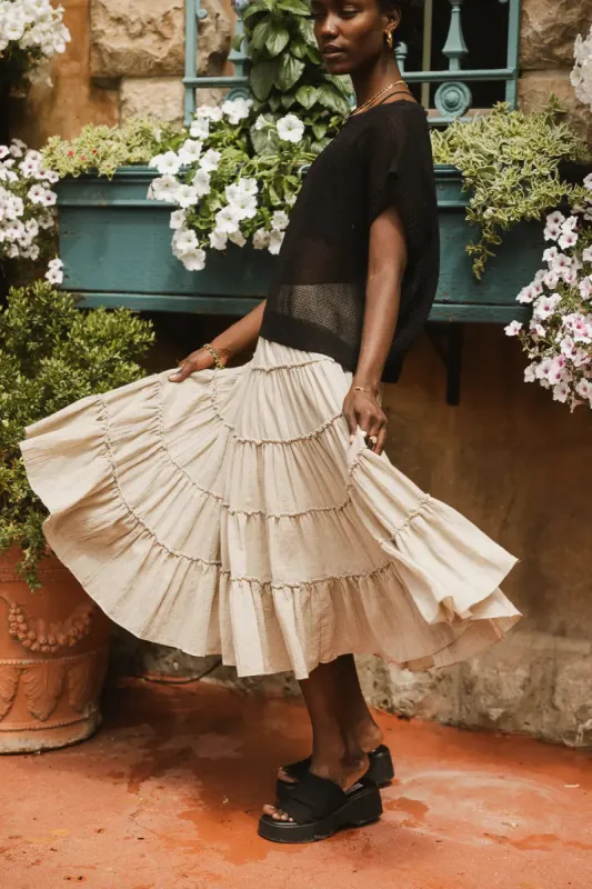 Minerva Tiered Midi Skirt in Taupe sold by bohme