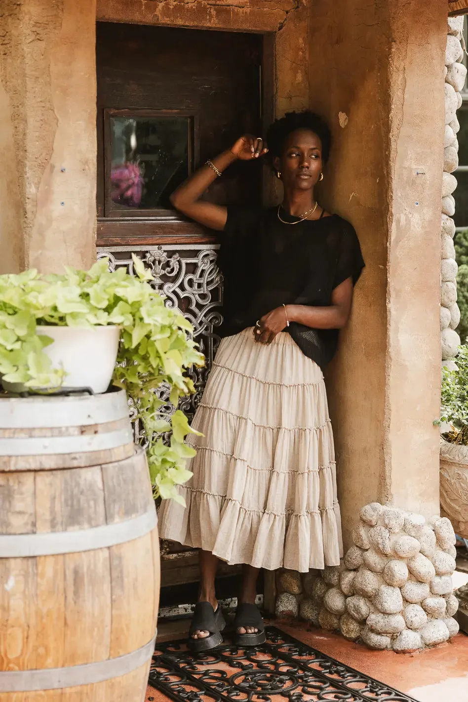 Minerva Tiered Midi Skirt in Taupe sold by bohme product image thumbnail 4