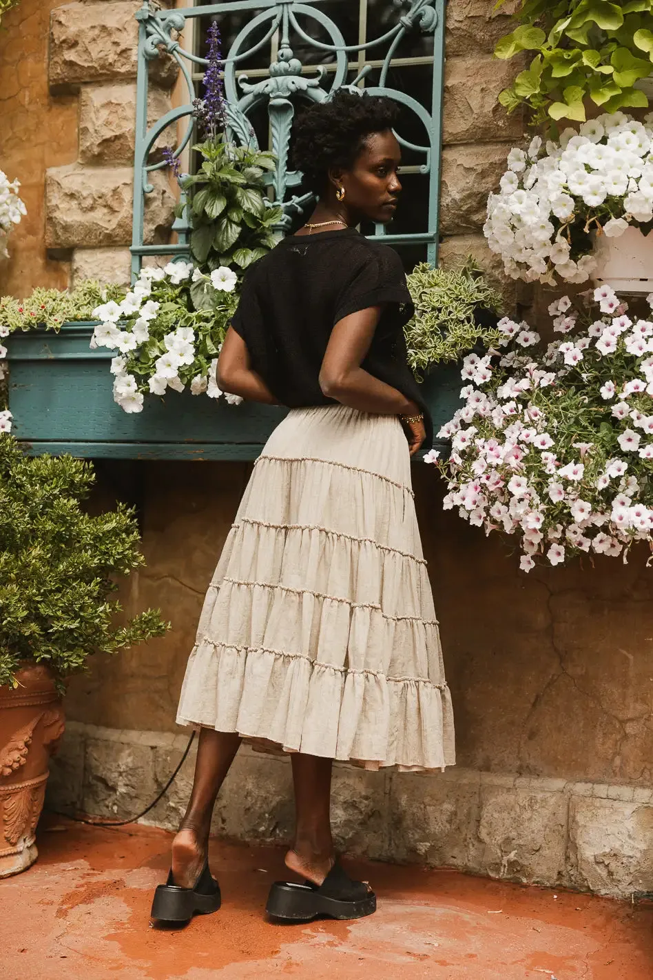 Minerva Tiered Midi Skirt in Taupe sold by bohme product image thumbnail 3