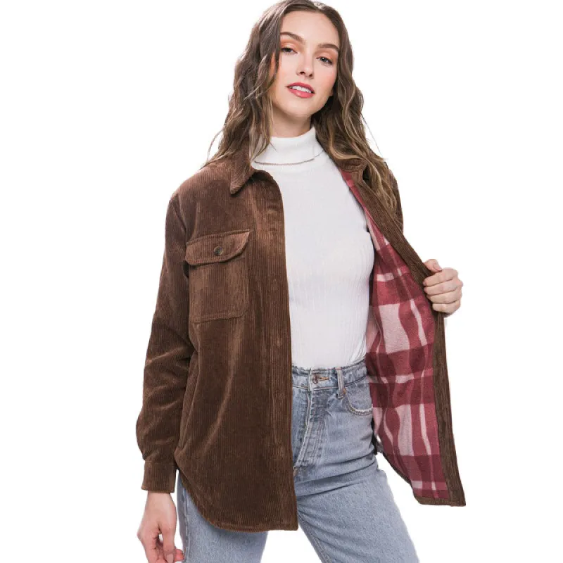 Women's Corduroy Shacket with Plaid Lining - Fashionable Plaid Accent - Warm and Stylish sold by BOLD elements
