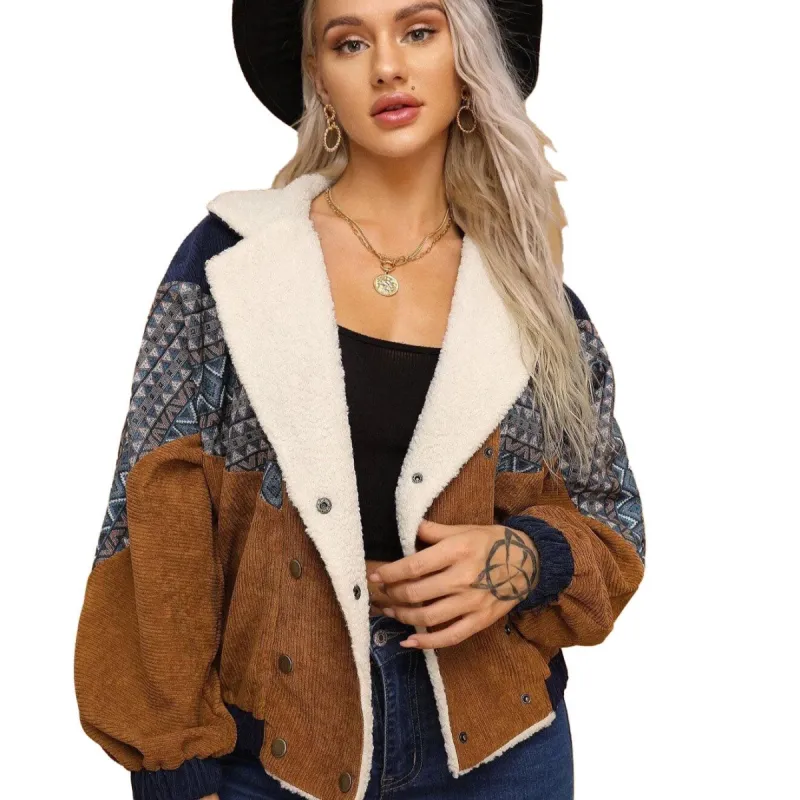 Women's Casual Boho Sherpa Lined Corduroy Camel Jacket sold by BOLD elements