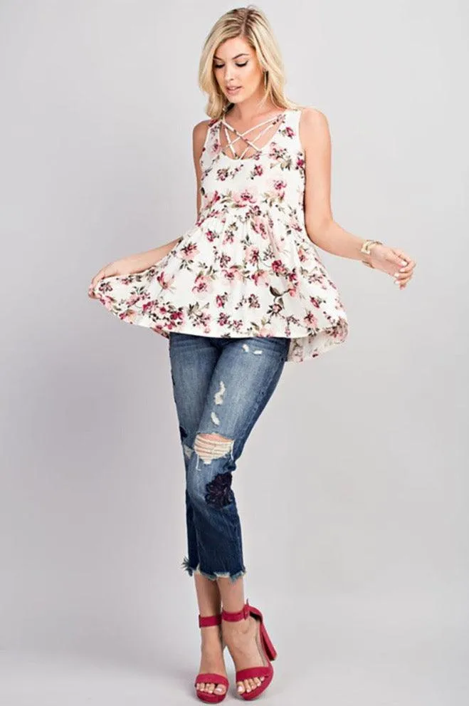 Women Linen Floral Printed Neck Detail Waist Shirring Knit Top sold by BOLD elements