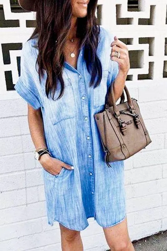 Women's Short Sleeve Front Button-Down Denim Shirt Dress sold by BOLD elements