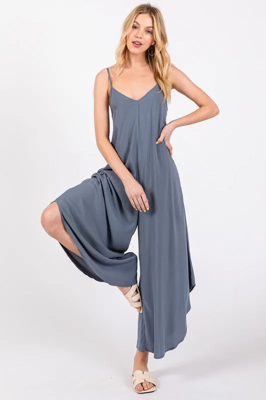 Woven Cami Jumpsuit with Back Self Tie - 23" Inseam sold by BOLD elements